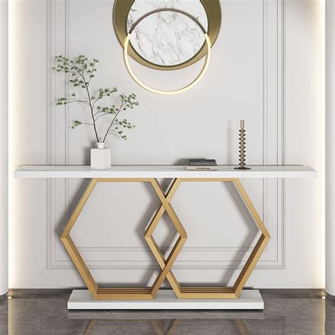 Console Table, 178 CM Faux Marble Entryway Table with Geometric Metal ...