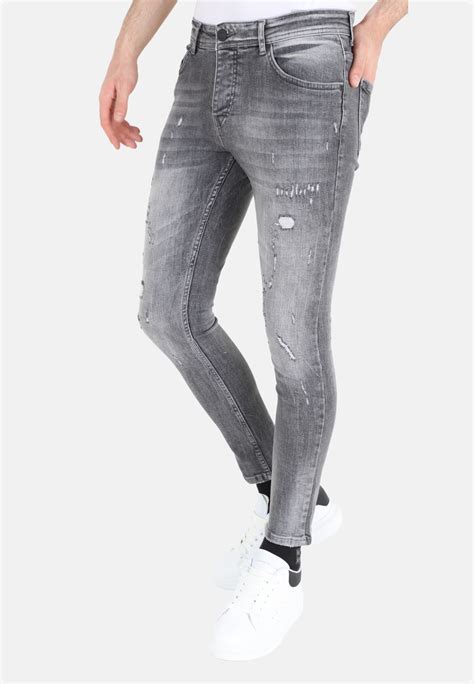 Grijze Heren Slim Fit Spijkerbroek met Scheuren | NIEUW | - Style Italy