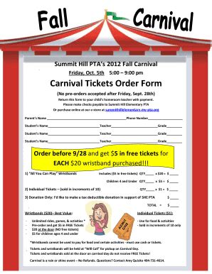 Fillable Online summithillelementary my-pto Carnival Tickets Order Form ...