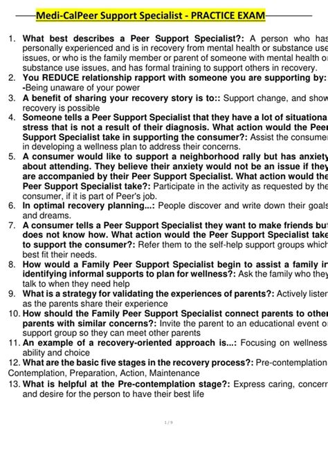 Medical Peer Support Specialist PRACTICE EXAM 1 with verified questions and answers 2025.pdf ...