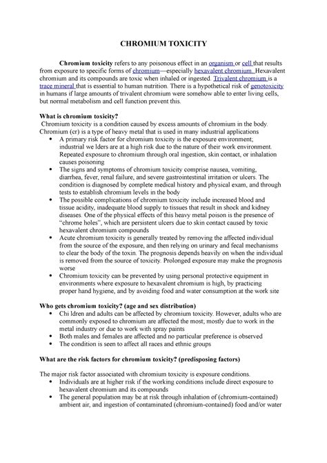 Chromium toxicity - Lecture notes 1-3 - CHROMIUM TOXICITY Chromium ...
