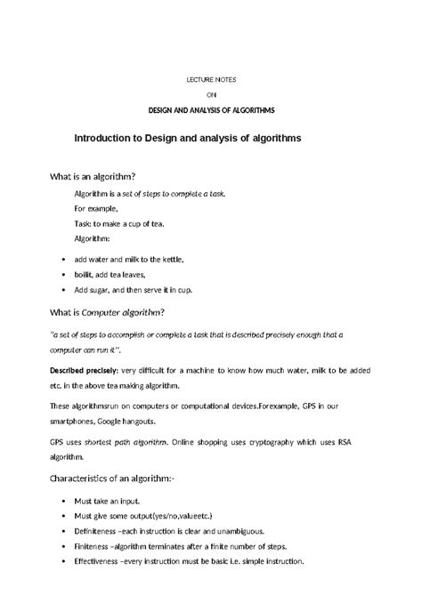 AOA Lecture Notes: Design and Analysis of Algorithms (1,2,3,4,5) - Studocu