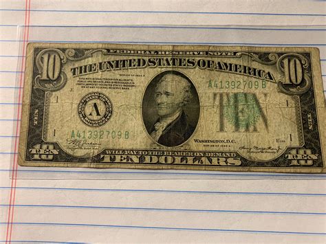 1934 A Series 10 Dollar Bill Misprint. The A is misaligned on the upper ...