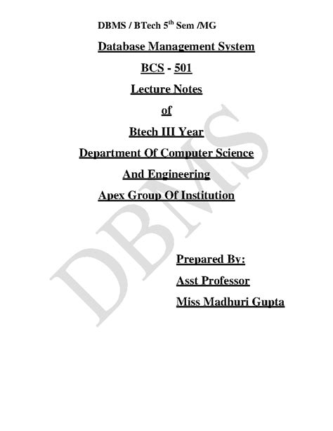 Lecture notes of DBMS Unit 1 - DBMS / BTech 5 Sem /MG Database ...