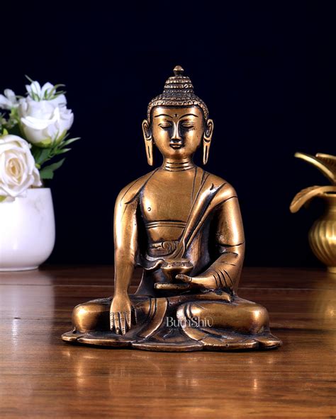 Budhshiv.com Pure Brass Buddha in Varada Mudra – Vintage Tone 6 inch