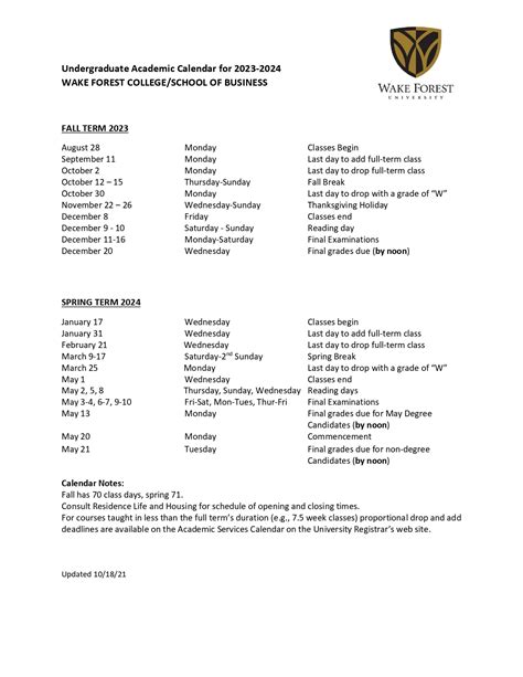 Wake Forest University Academic Calendar 2024-2025 [PDF]