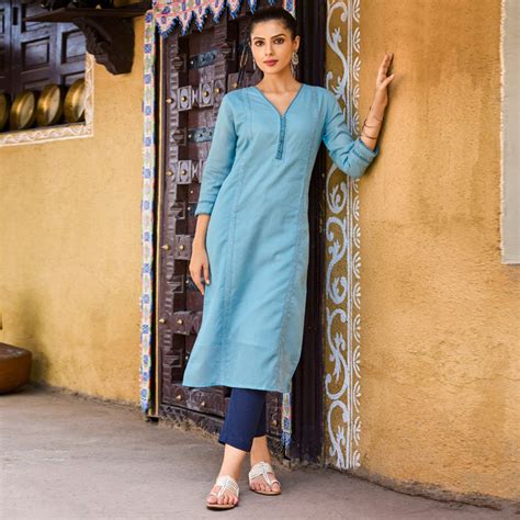 Sky Blue Embroidered Pure Cotton Kurti