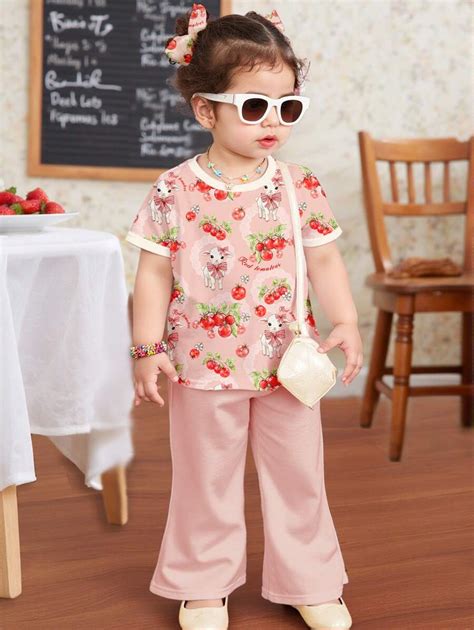 SHEIN 2pcs/Set Young Girl Cute Cartoon Sheep & Floral Print Round Neck ...