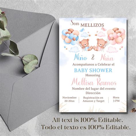 Spanish Baby Shower Twins Printable Invitation for Boy/girl - Teddy ...