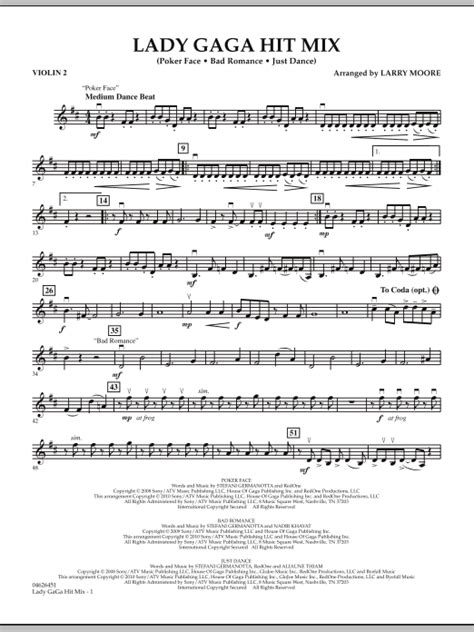 Lady GaGa Hit Mix - Violin 2 Sheet Music | Larry Moore | Orchestra