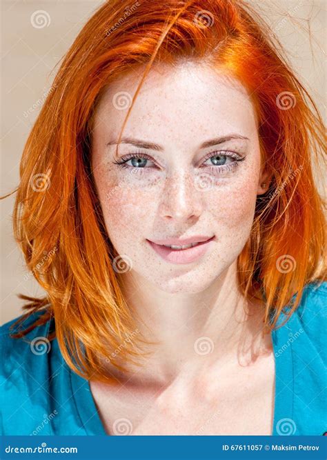 Beautiful Redhead Freckled Blue-eyed Woman Stock Image - Image of ...