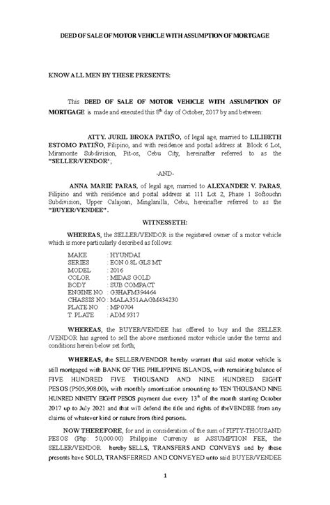 Sample deed of sale of motor vehicle with assumption of mortgage - DEED ...
