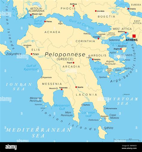 Peloponnese, peninsula and geographic region in Southern Greece. Political map with regional ...