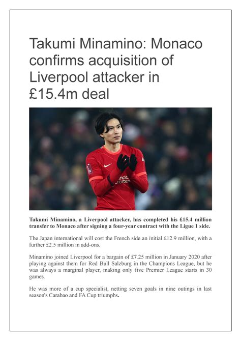 Takumi Minamino - The Japan international will cost the French side an ...