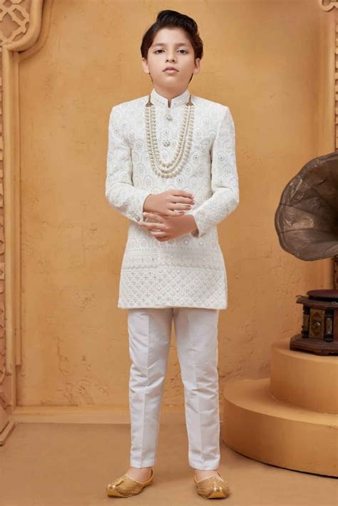 Designer White Thread Embroidered Sherwani Set For Boys – Lagorii Kids