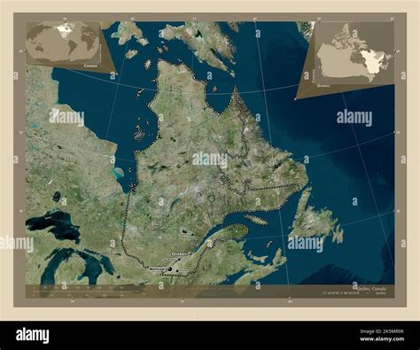 Quebec, province of Canada. High resolution satellite map. Locations and names of major cities ...