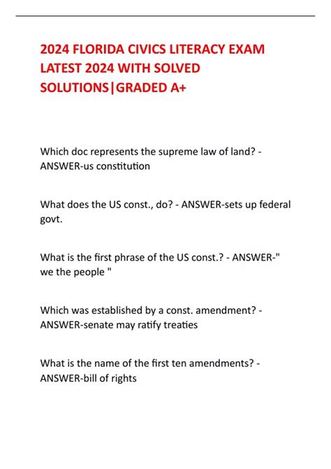 2024 FLORIDA CIVICS LITERACY EXAM LATEST 2024 WITH SOLVED SOLUTIONS ...