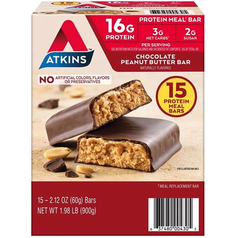 Atkins Chocolate Peanut Butter Meal Bars, High Fiber, 16g Protein, Low ...