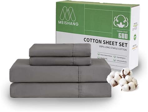 Amazon.com: MEISHANG Cotton Sheets Queen Size - 100% Cotton 600 Thread Count Sheets, Soft ...