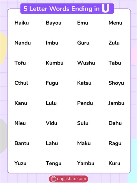 52 Five Letter Words Ending in U | Foods and Animals