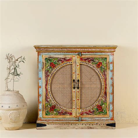 Ivaan - Hand-Painted Mango Wood Cupboard with Rattan Inserts 90cm – Om ...