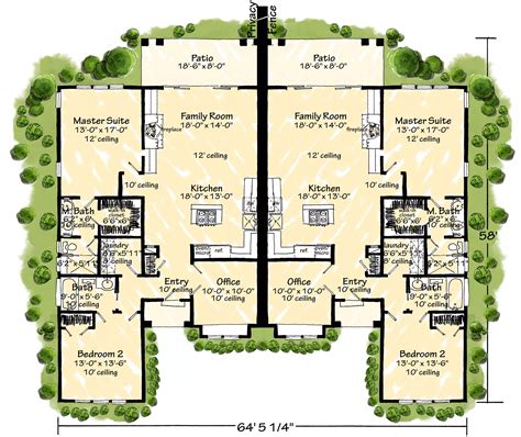 One Story Duplex House Plans Porch Duplex Plan 9964