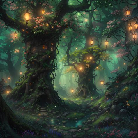 A painting of a forest with a tree house and lanterns - SeaArt AI