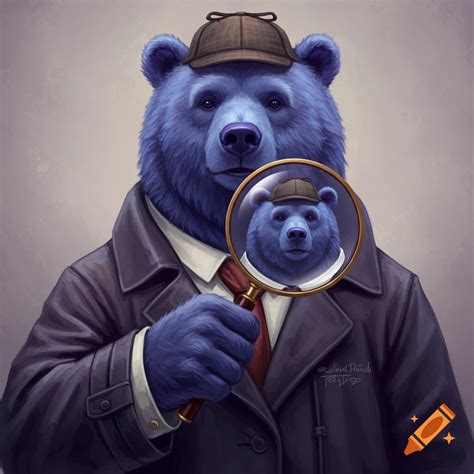 A blue bear dressed as a detective holds a magnifying glass. on Craiyon