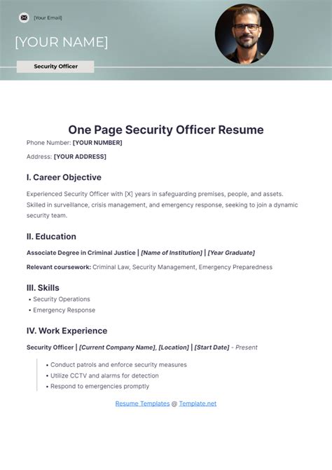 Free One Page Security Officer Resume Template to Edit Online