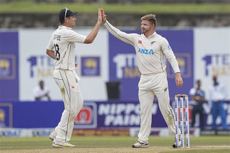 Tim Southee and Glenn Phillips get together after the latter got Angelo ...