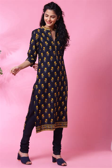 Black Cotton Kurta Churidar Set at Biba India