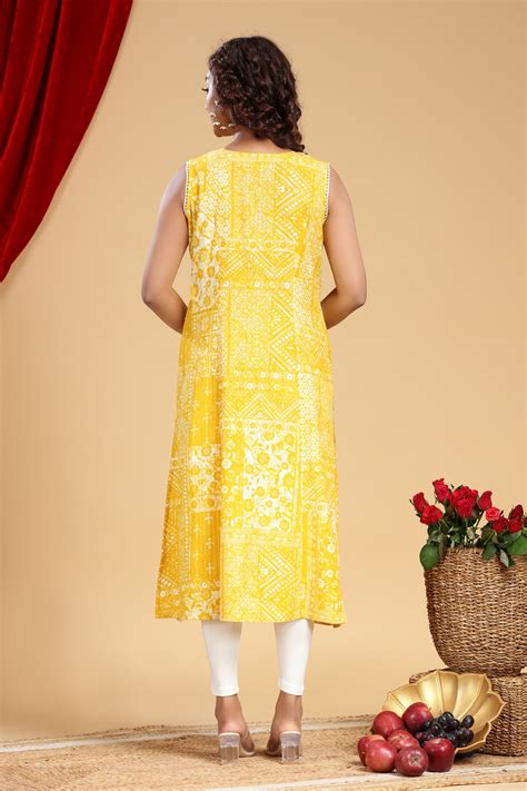 Yellow Cotton A Line Printed Sleeveless Kurta – Cotton Culture