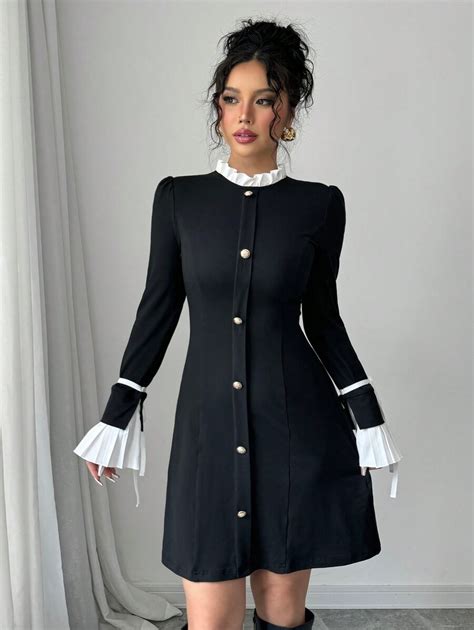 SHEIN Elenzya Vestido preto e branco com gola emendada, punho com laço ...
