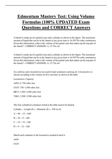 Edmentum Mastery Test: Using Volume Formulas (100% UPDATED Exam ...