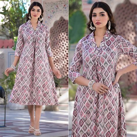 Wine Foil Printed Pure Cotton A-Line Kurti Dress
