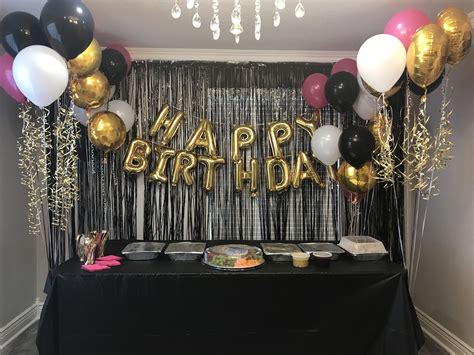 Pink, black and gold birthday theme | 21st birthday decorations, Pink ...