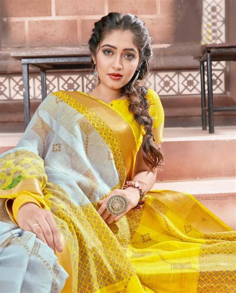 Intricate Linen Pure Cotton Yellow Colored Casual Printed Saree