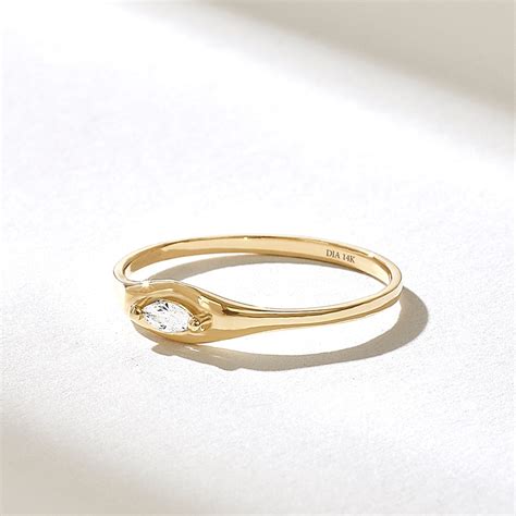 Bezel Diamond Pinky Ring, 14k Solid Gold Minimalist Signet Ring Women ...