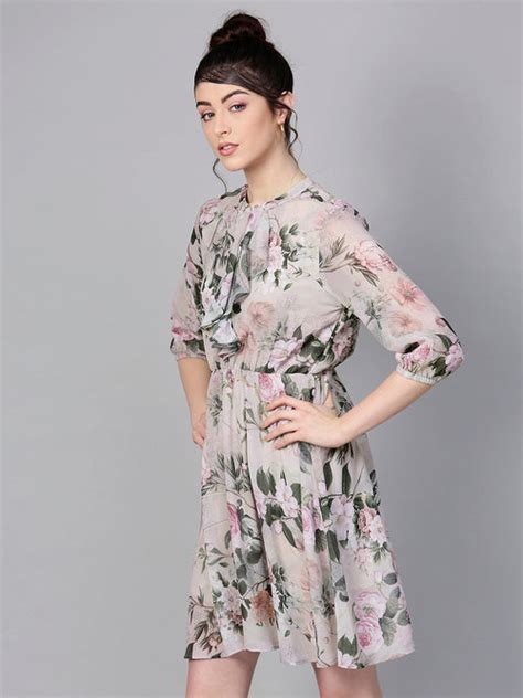 Buy Women Grey & Pista Green Floral Print Fit And Flare Dress - Dresses ...