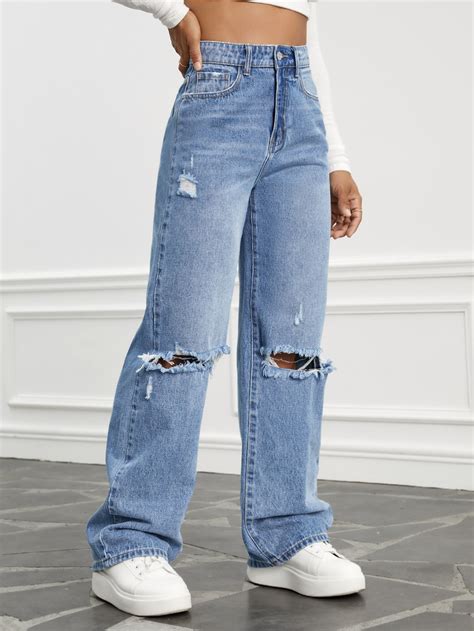 SHEIN EZwear High Waist Ripped Wide Leg Jeans | SHEIN UK