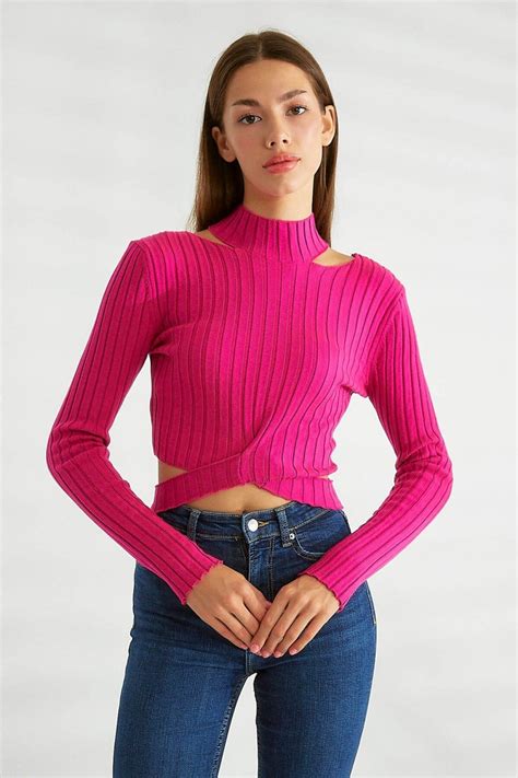 Fuchsia Shoulder Cutout High Neck Knit - Robin | ElbiseBul