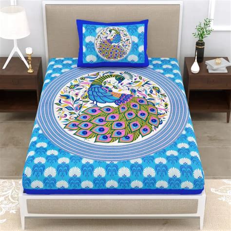 Jaipuri bedsheet Dancing Peacock Printed Cotton single Bed Sheet With 1 ...