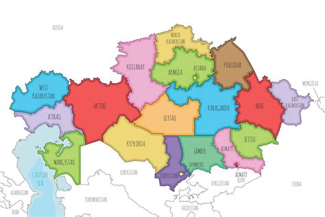 illustrated map of Kazakhstan with regions, independent cities and administrative divisions, and ...