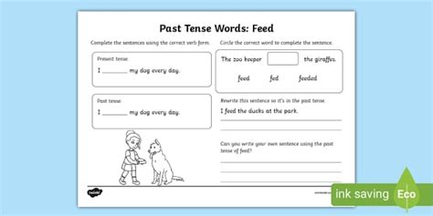 Past Tense Words - Feed Worksheet (teacher made) - Twinkl
