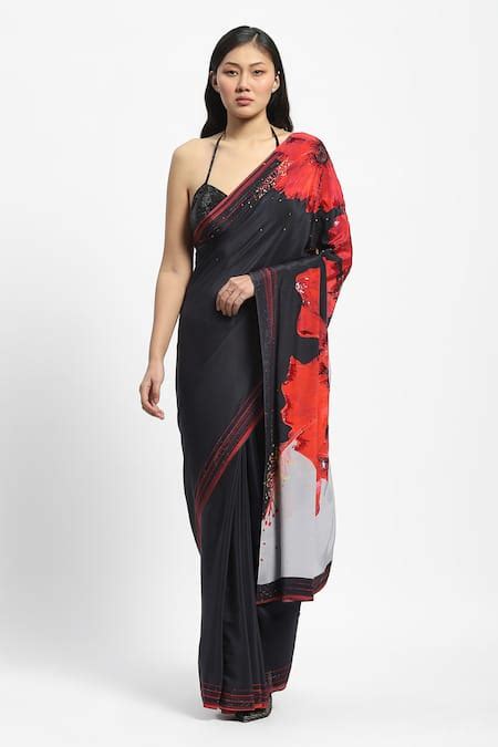 Buy Black Crepe Stones Tropical Allure Embellished Saree With Running ...