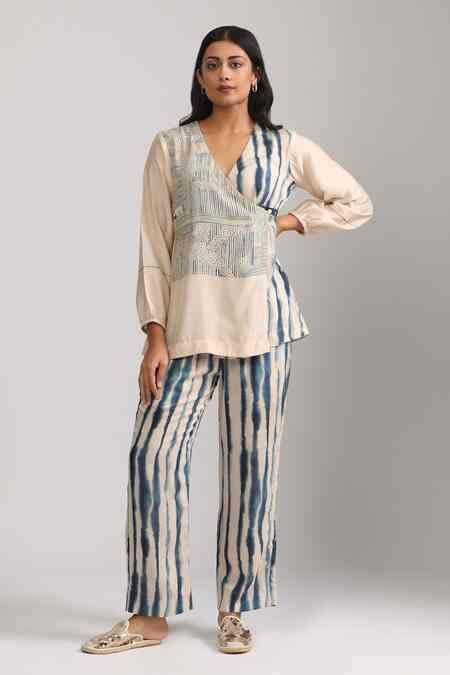Buy Beige Cotton, Silk V-neck Geometric Printed Wrap Top And Pant Set ...