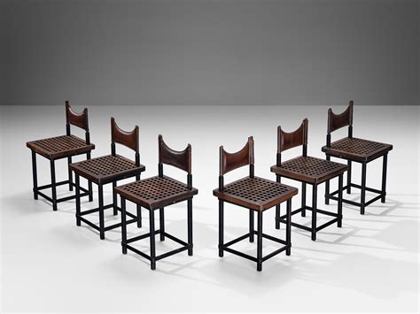 Spanish Brutalist Set of Six Dining Chairs in Iron and Leather For Sale ...