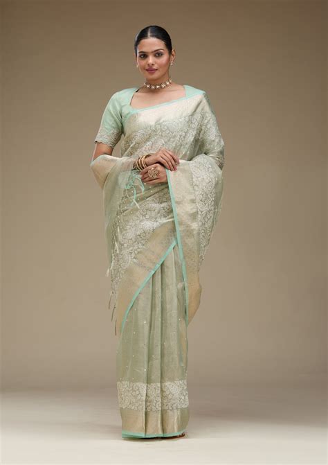 Buy Pista Green Zariwork Tissue Saree - Koskii