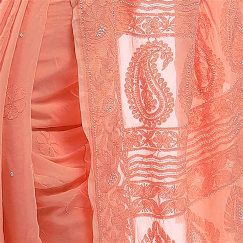Seva Chikan Hand Embroidered Peach Viscose Georgette Lucknowi Chikan S