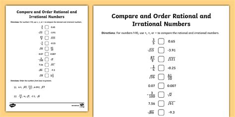 Eighth Grade Compare and Order Rational and Irrational Numbers Worksheet